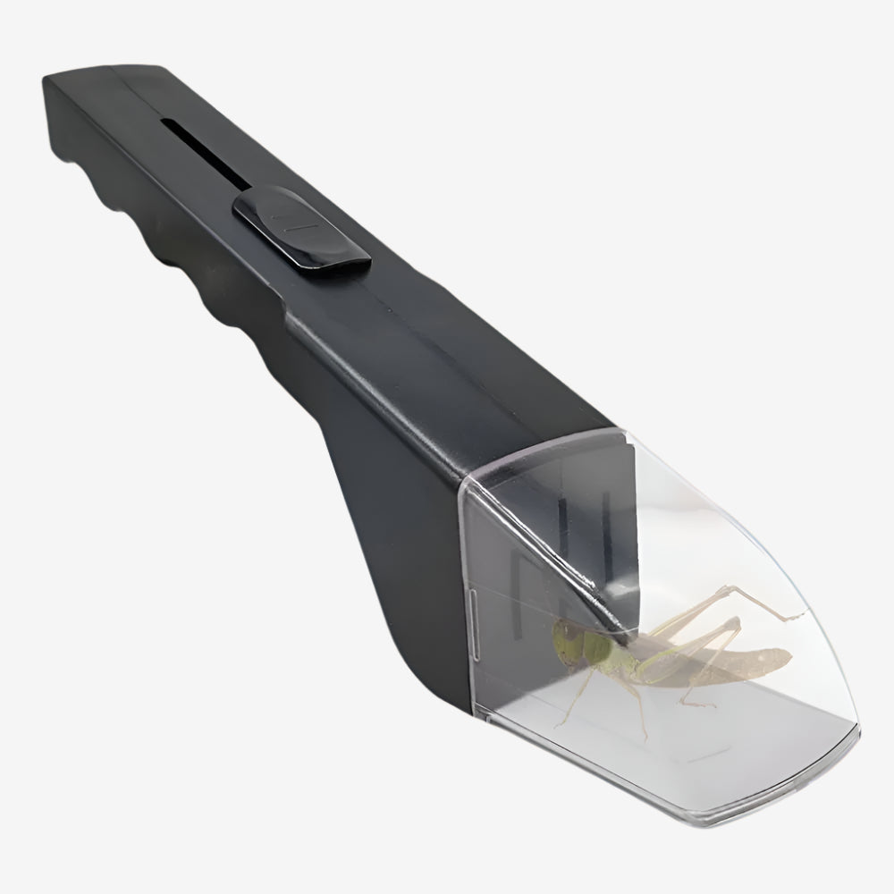 Stick Bug Catcher tool with clear plastic enclosure safely trapping a bug. Ideal for humane pest control in hard-to-reach home areas.