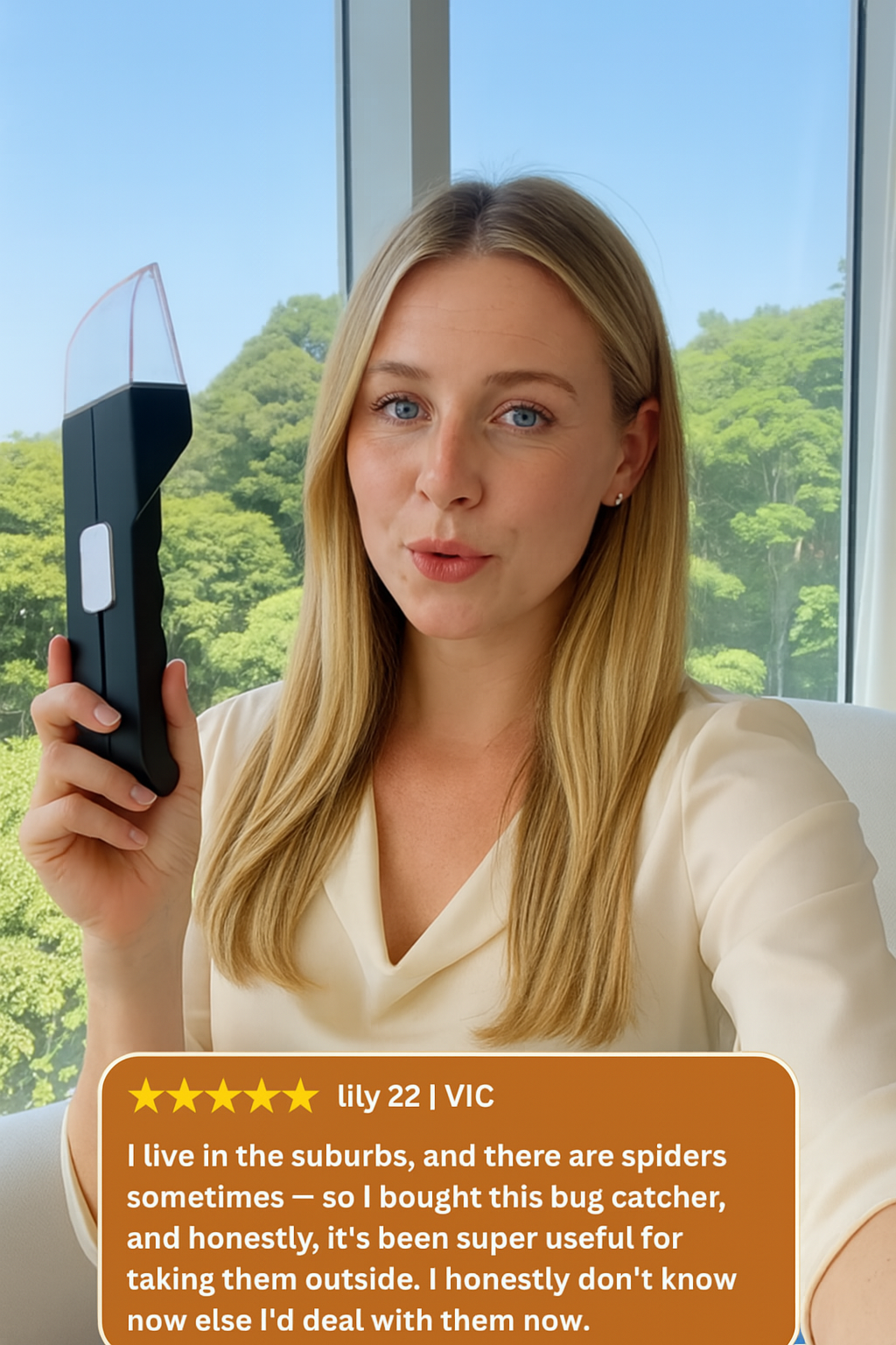 Woman holding Stick Bug Catcher in modern home with forest view, demonstrating pest control tool for safe, humane bug removal indoors.